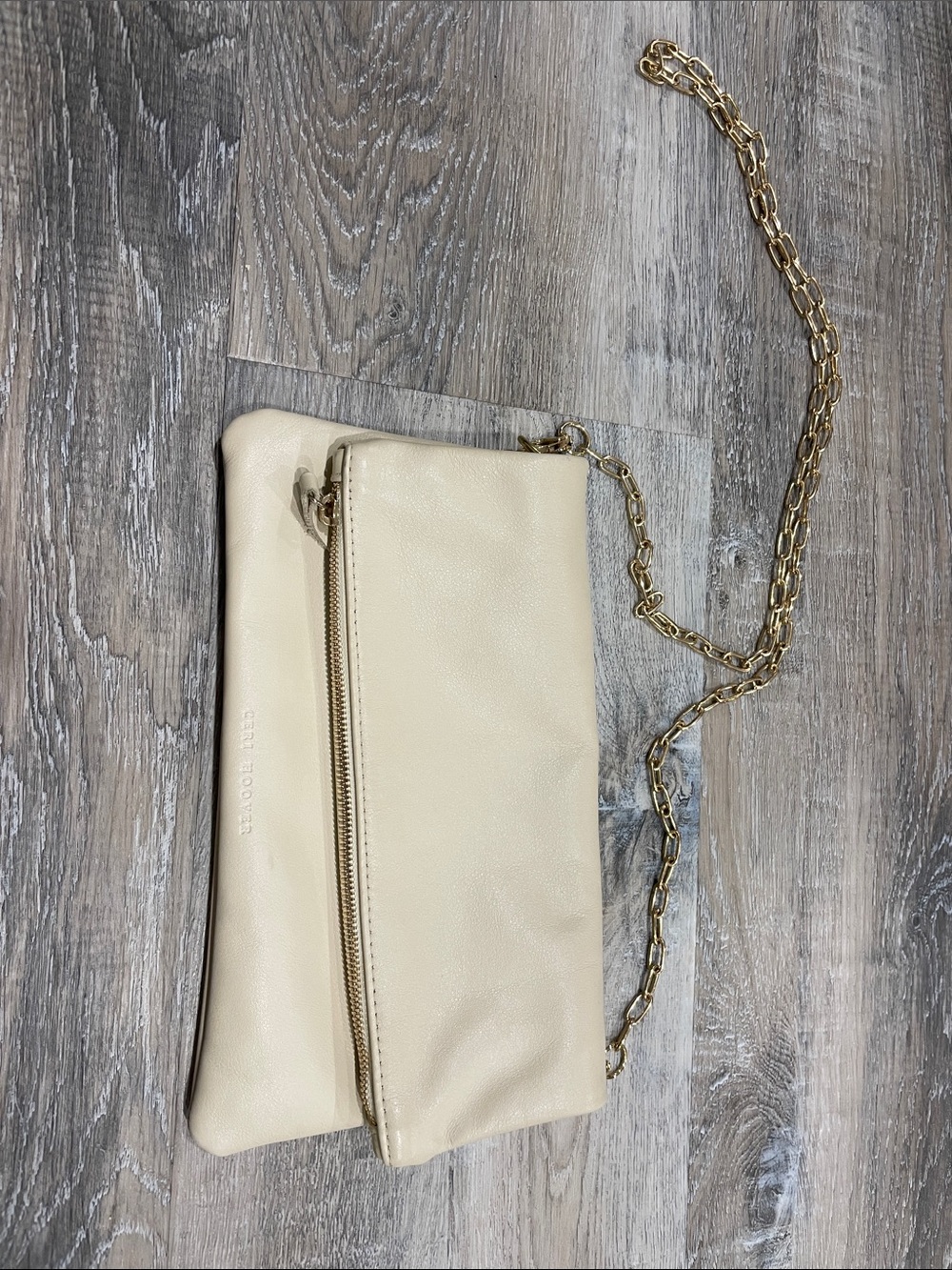 Cheri Hoover Cream Leather Clutch with Gold Chain Strap